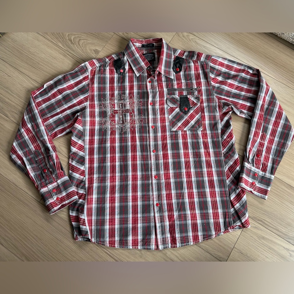 Montero Western Embroidered Cross Ornate Pearl Men's Red Plaid Shirt Large